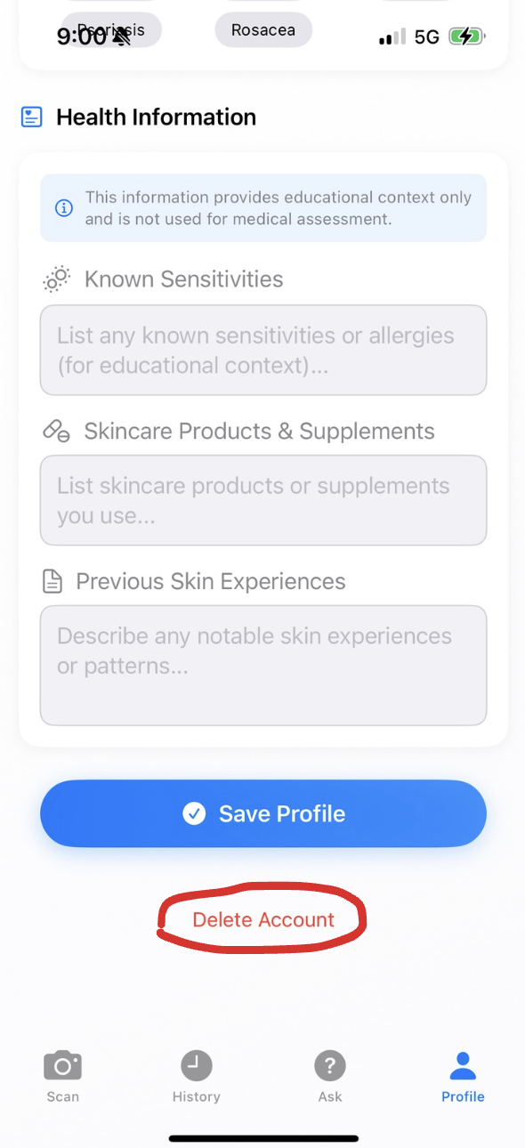 DermaWhiz Delete Account Screen